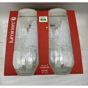 VINTAGE LUMINARC DURAND USA SET of 4 CHRISTMAS CLEAR GLASS 16 oz TUMBLER GLASSES